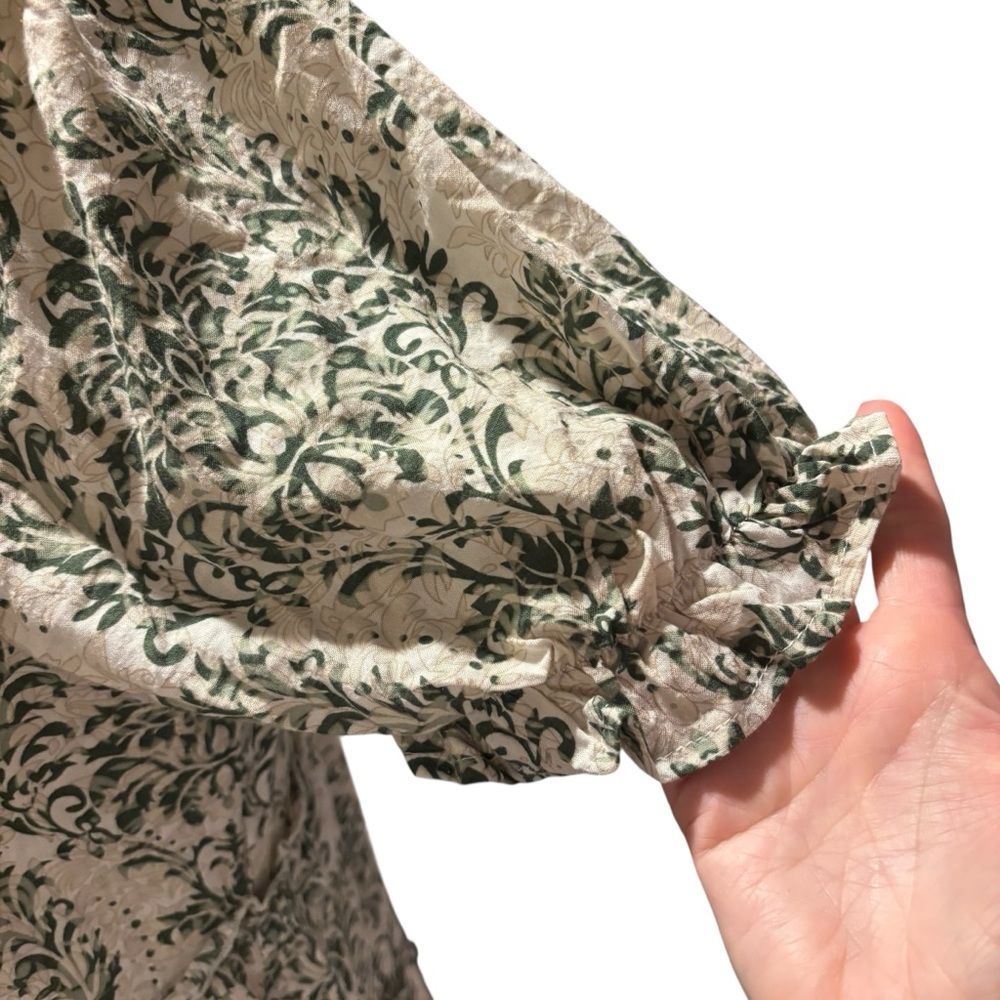 Green Damask Tiered Midi Dress Short Puff Sleeve Cotton Blend Pockets Cream #747 - Picture 7 of 9